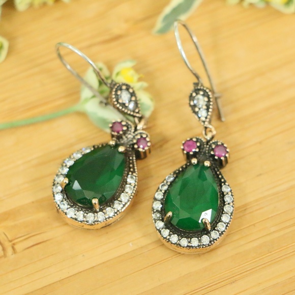 925 Sterling Silver with Jade & CZ Stones Earrings - Picture 1 of 8